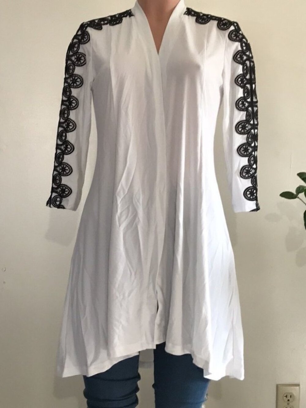 Dennis Basso Lace Trim Caviar Crepe Duster Cardigan